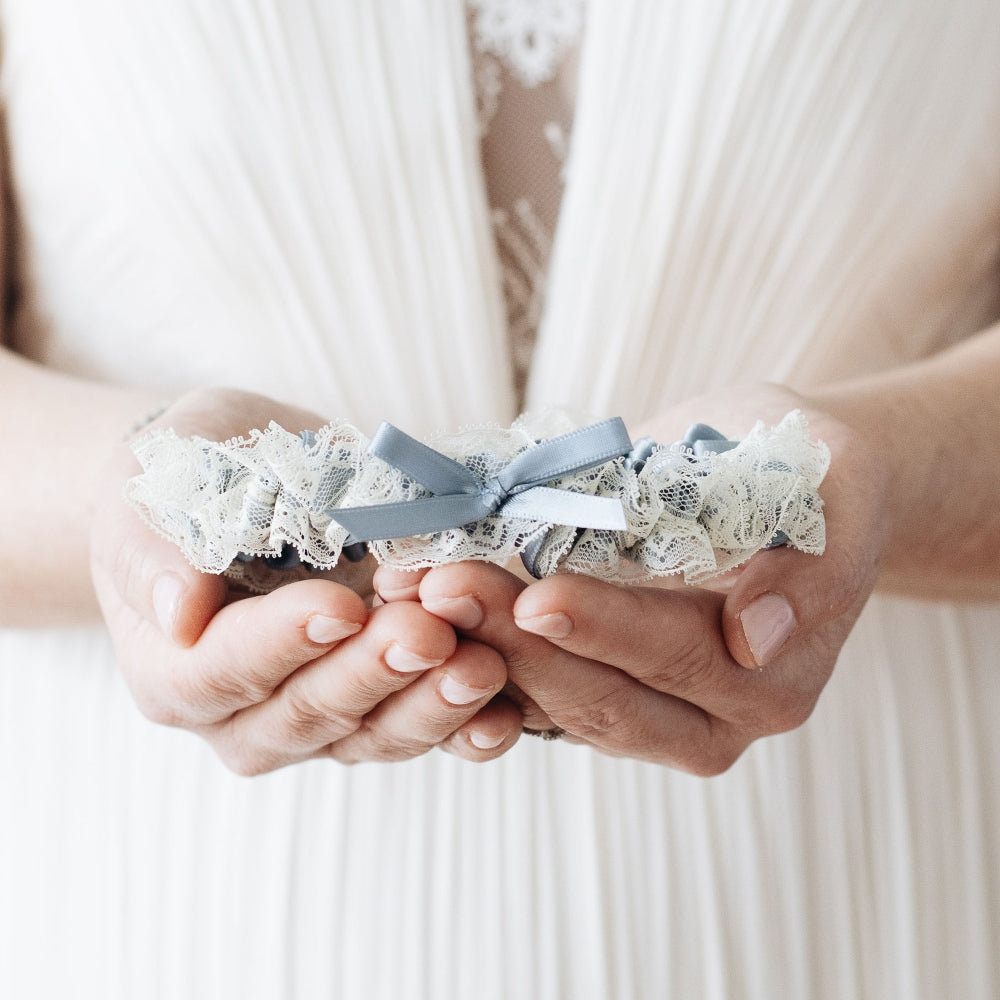 something blue bride gift, Posh Dusty Blue Satin & Ivory Lace Wedding Garter by The Garter Girl