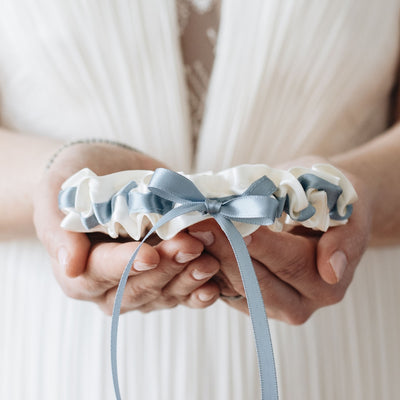 ivory and something blue satin wedding garter set heirloom, keepsake, bridal accessory designed & handmade by The Garter Girl