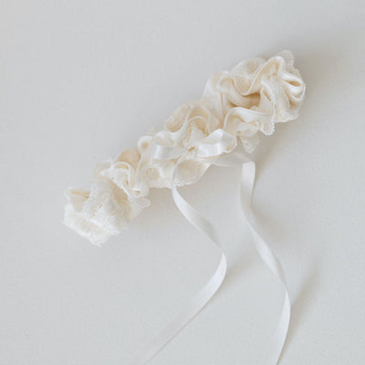 glamorous ivory lace and satin wedding garter heirloom handmade by The Garter Girl