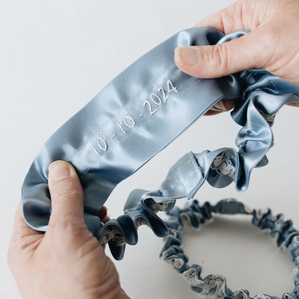 Personalized Luxury Wedding Garter Heirloom with Hand Embroidery, Initials, Wedding Date, Monogram by expert bridal accessories designer, The Garter Girl