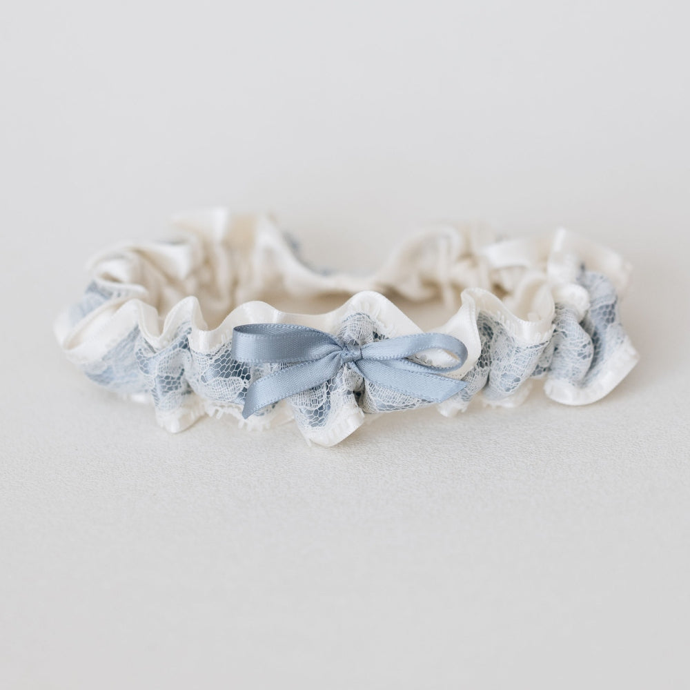 designer something blue for bride, dusty blue and ivory lace wedding garter heirloom handmade by The Garter Girl