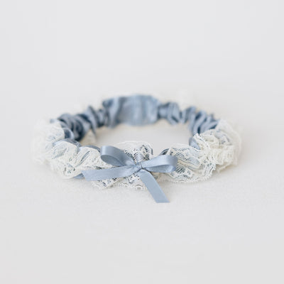 something blue bride gift, Posh Dusty Blue Satin & Ivory Lace Wedding Garter by The Garter Girl