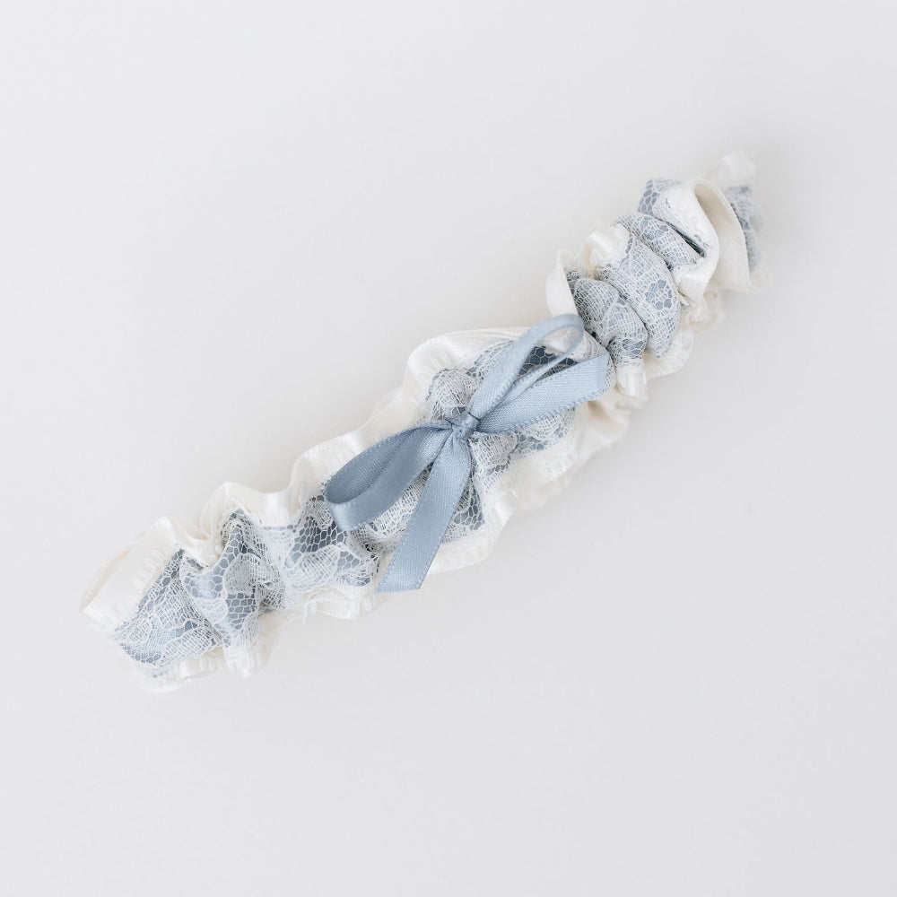 designer something blue for bride, dusty blue and ivory lace wedding garter heirloom handmade by The Garter Girl