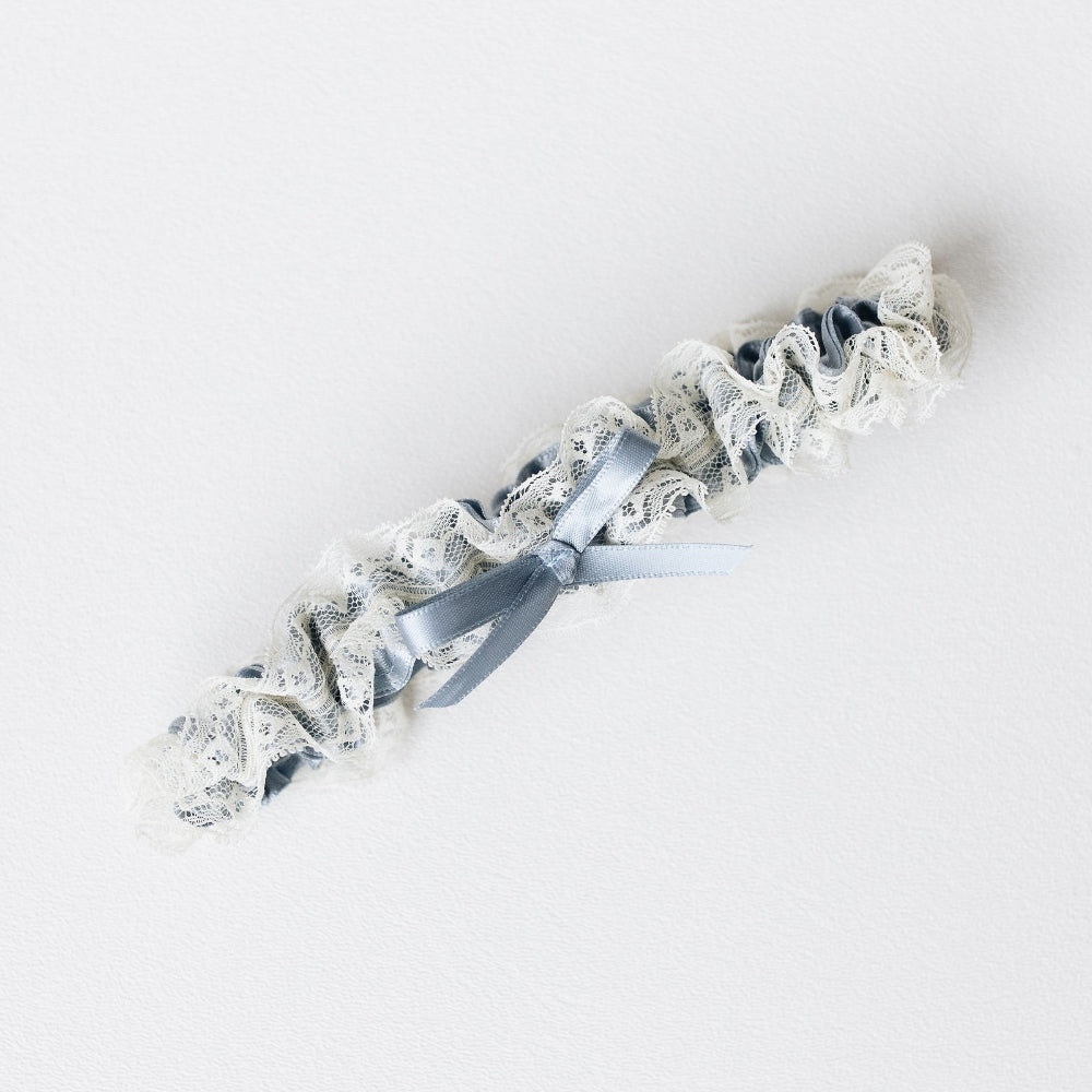 something blue bride gift, Posh Dusty Blue Satin & Ivory Lace Wedding Garter by The Garter Girl