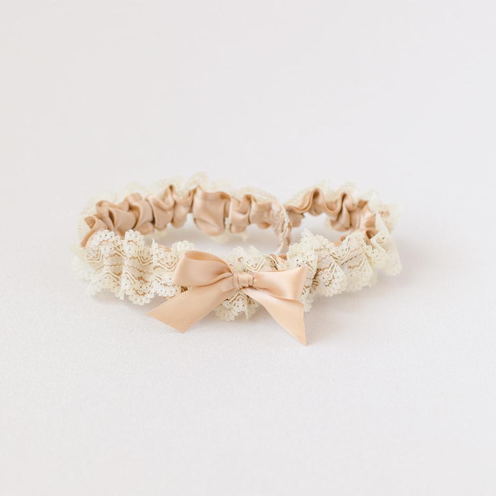 luxury champagne and lace wedding garter handmade by The Garter Girl