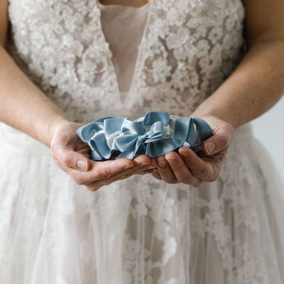 dusty blue and ivory satin designer wedding garter handmade by The Garter Girl
