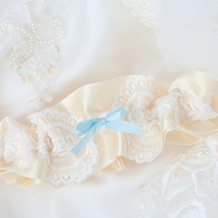 blue and lace garter made from bride's mother's wedding dress by The Garter Girl
