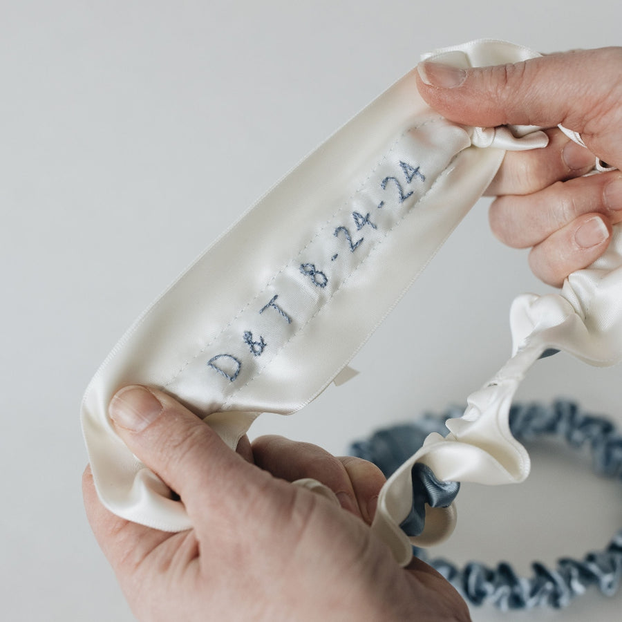 Something Blue Personalized Handemade Wedding Garter Heirloom for Bride by The Grater Girl, expert bridal accessories designer