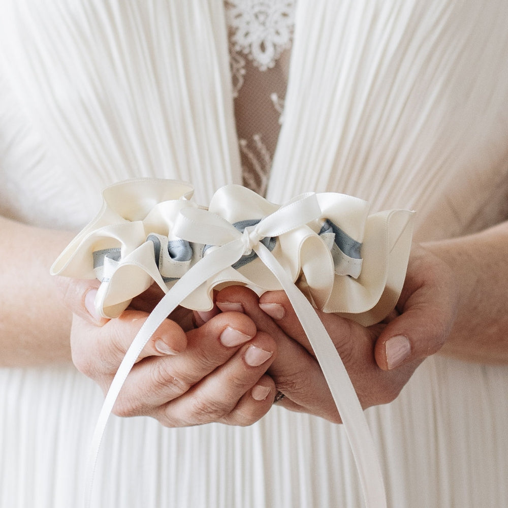 dusty blue and ivory wedding garter heirloom handmade by The Garter Girl