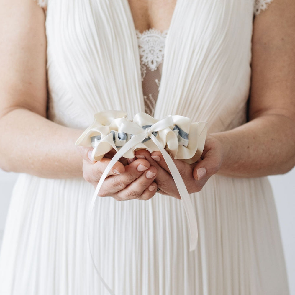 dusty blue and ivory wedding garter heirloom handmade by The Garter Girl