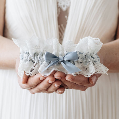 Dusty Blue & Lace Wedding Garter | Something Blue Satin Bridal Garter Do Not Add Tossing Garter / Add Personalized Embroidery (+$76) / Medium (19 - 23 Dusty Blue & Lace Wedding Garter | Something Blue Satin Bridal Garter Do Not Add Tossing Garter / Add Personalized Embroidery (+$76) / Medium (19 - 23