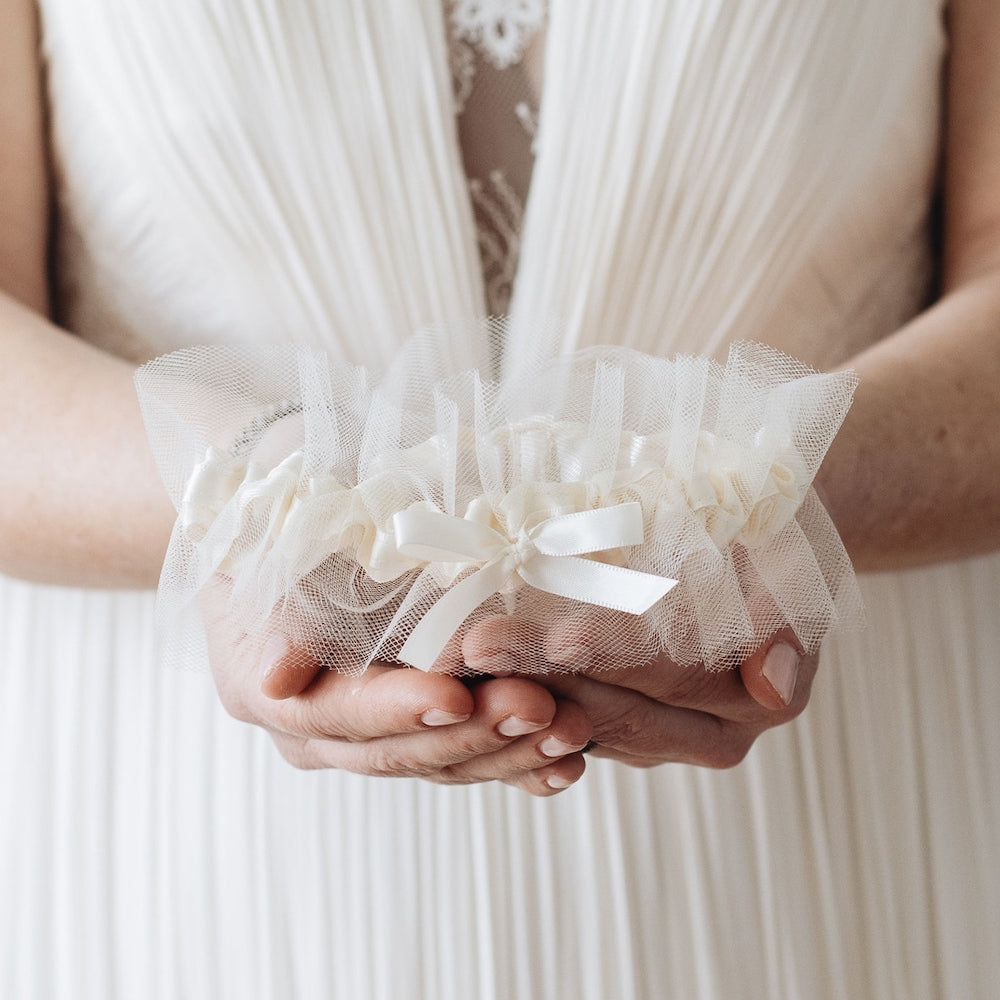 luxurious bridal accessory, ivory tulle and satin wedding garter heirloom handmade by The Garter Girl