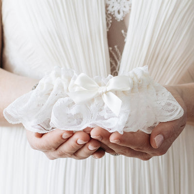 best gift for bride, bridal shower, ivory lace and satin wedding garter heirloom handmade by The Garter Girl