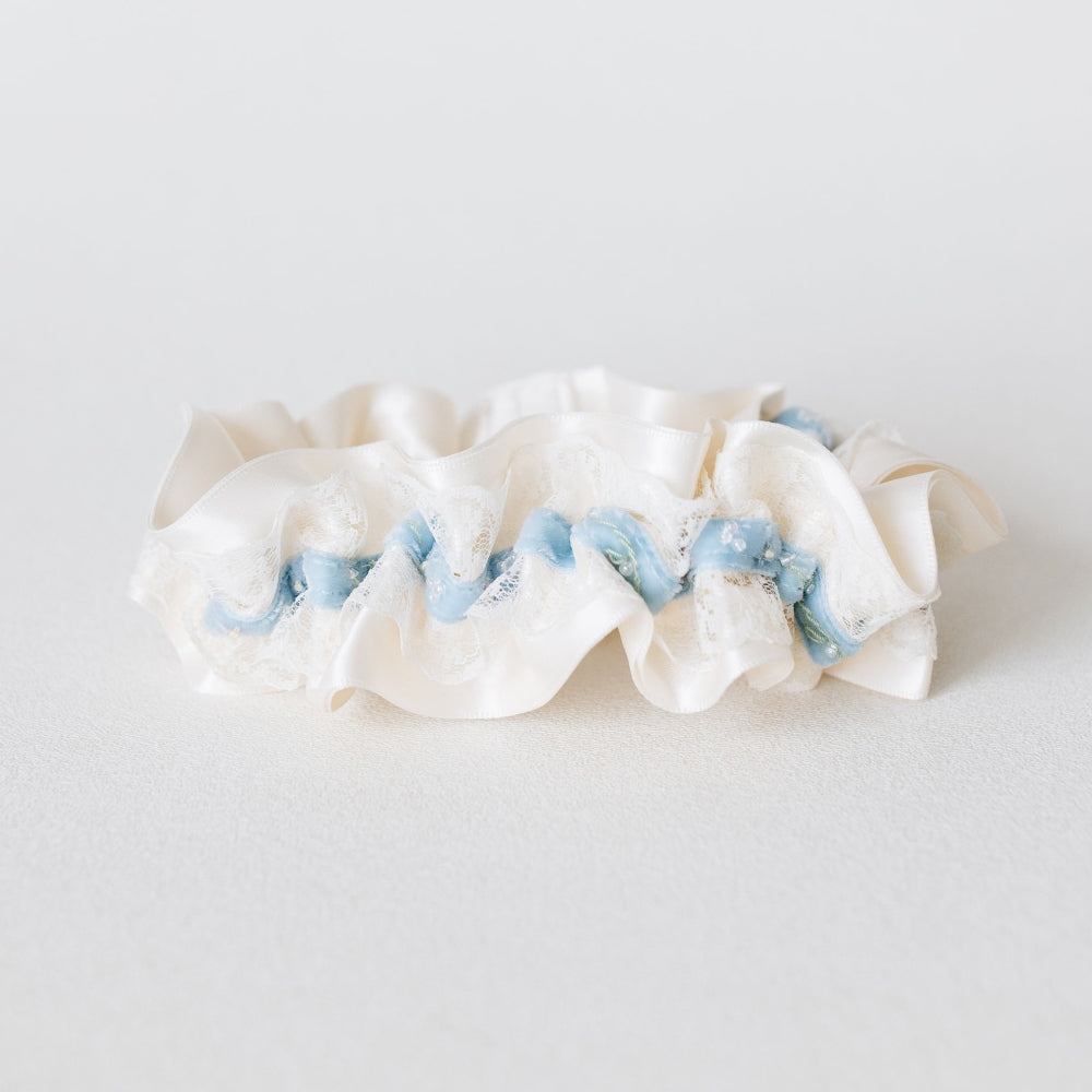 something blue velvet, beaded & ivory lace wedding garter heirloom handmade wedding keepsake by The Garter Girl