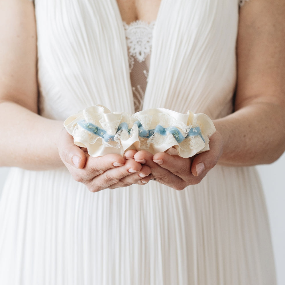 something blue velvet, beaded & ivory lace wedding garter heirloom handmade wedding keepsake by The Garter Girl