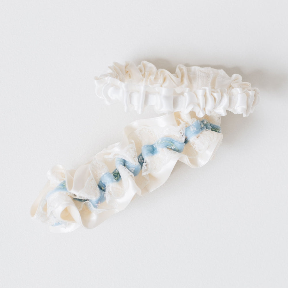 something blue velvet, beaded & ivory lace wedding garter heirloom handmade wedding keepsake by The Garter Girl