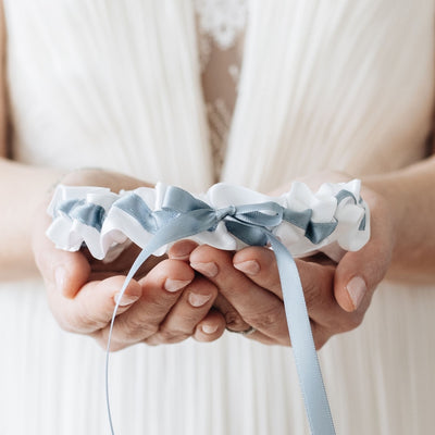 white and something blue satin wedding garter set heirloom, keepsake, bridal accessory designed & handmade by The Garter Girl