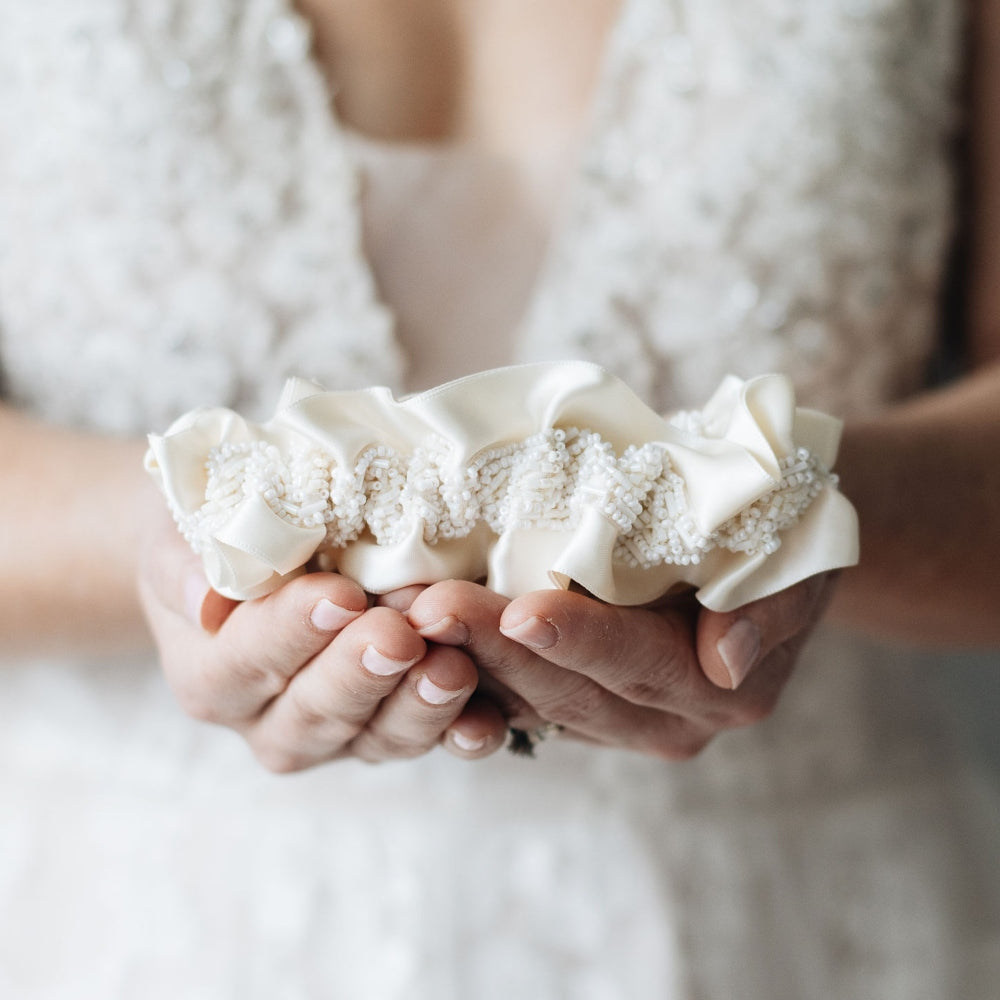 luxurious beaded ivory satin wedding garter heirloom handmade by The Garter Girl