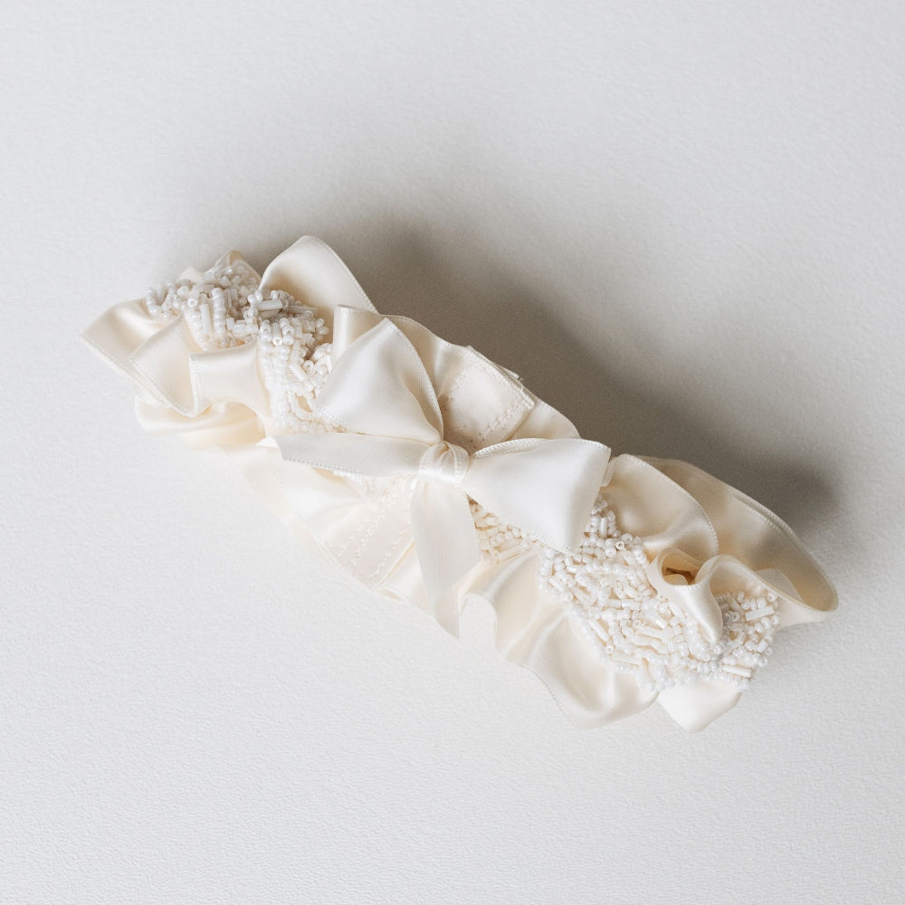 luxurious beaded ivory satin wedding garter heirloom handmade by The Garter Girl