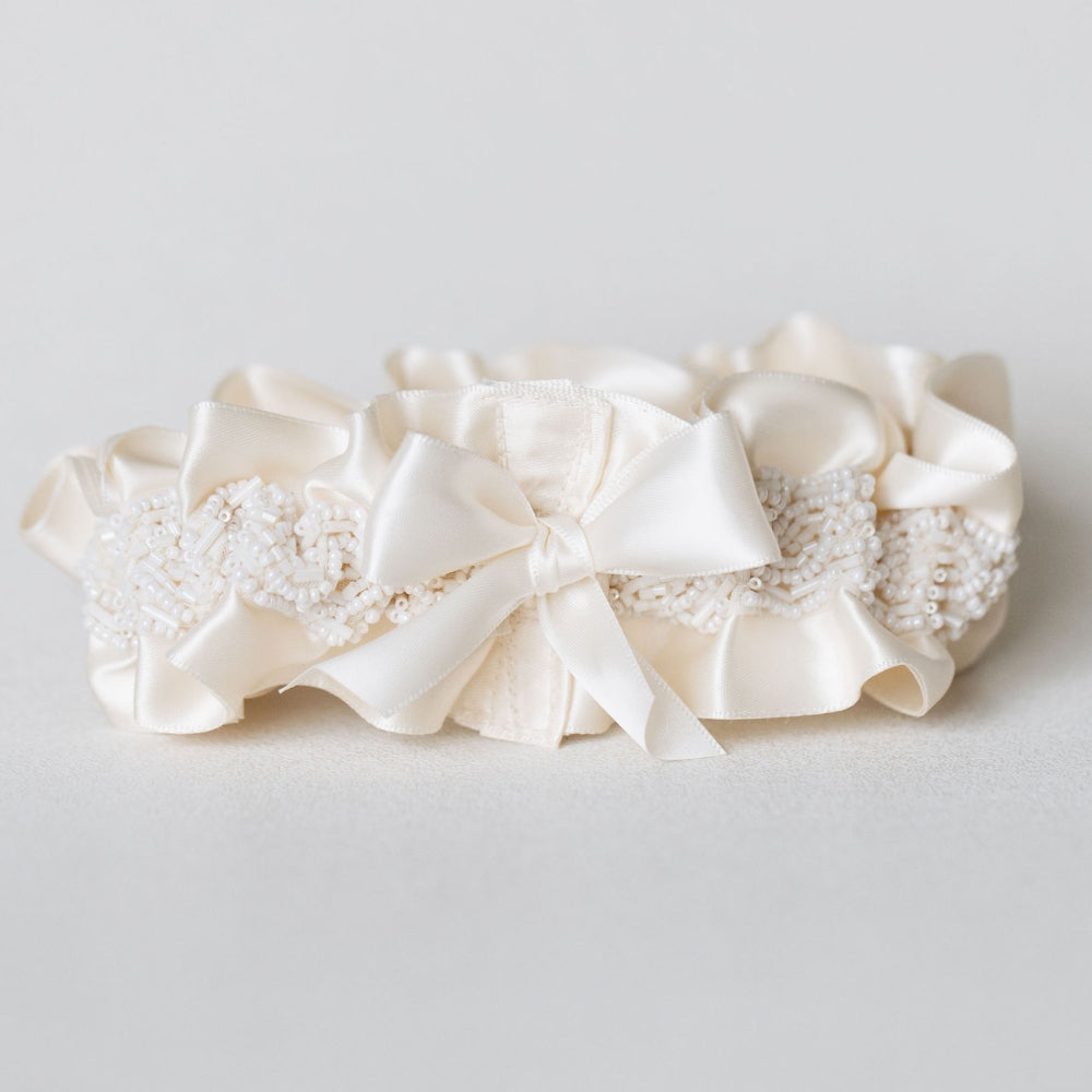 luxurious beaded ivory satin wedding garter heirloom handmade by The Garter Girl