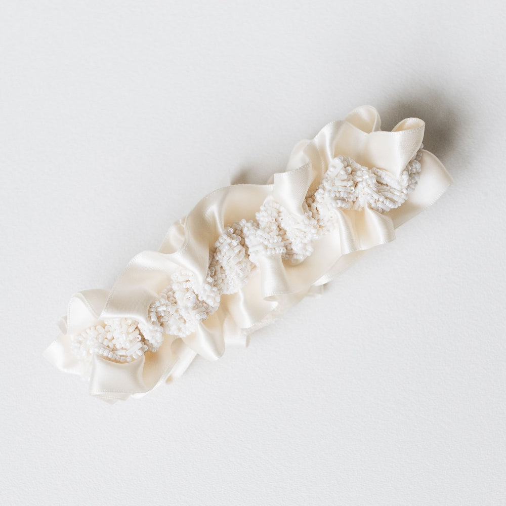luxurious beaded ivory satin wedding garter heirloom handmade by The Garter Girl