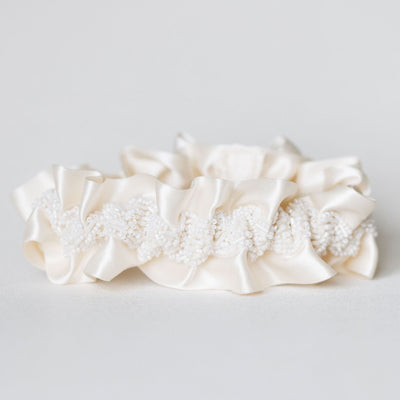 luxurious beaded ivory satin wedding garter heirloom handmade by The Garter Girl