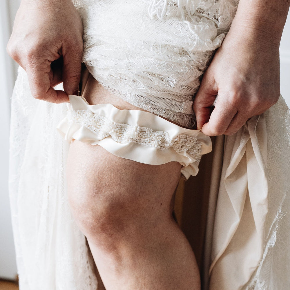 luxurious beaded ivory satin wedding garter heirloom handmade by The Garter Girl