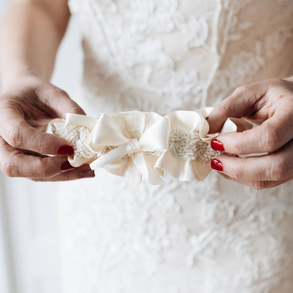 luxurious beaded ivory satin wedding garter heirloom handmade by The Garter Girl