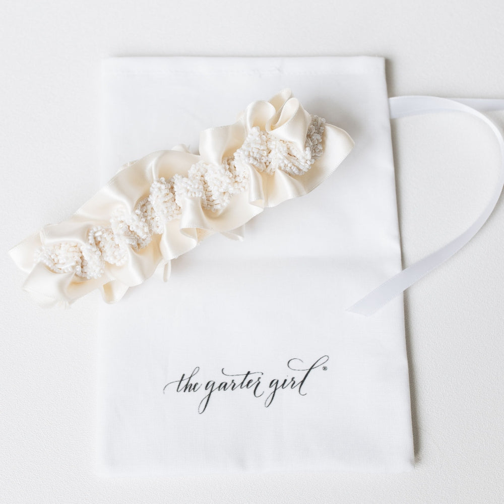 luxurious beaded ivory satin wedding garter heirloom handmade by The Garter Girl