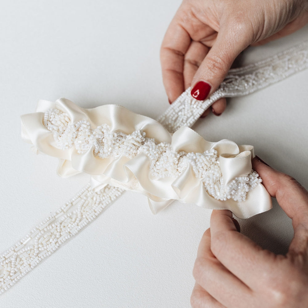 luxurious beaded ivory satin wedding garter heirloom handmade by The Garter Girl