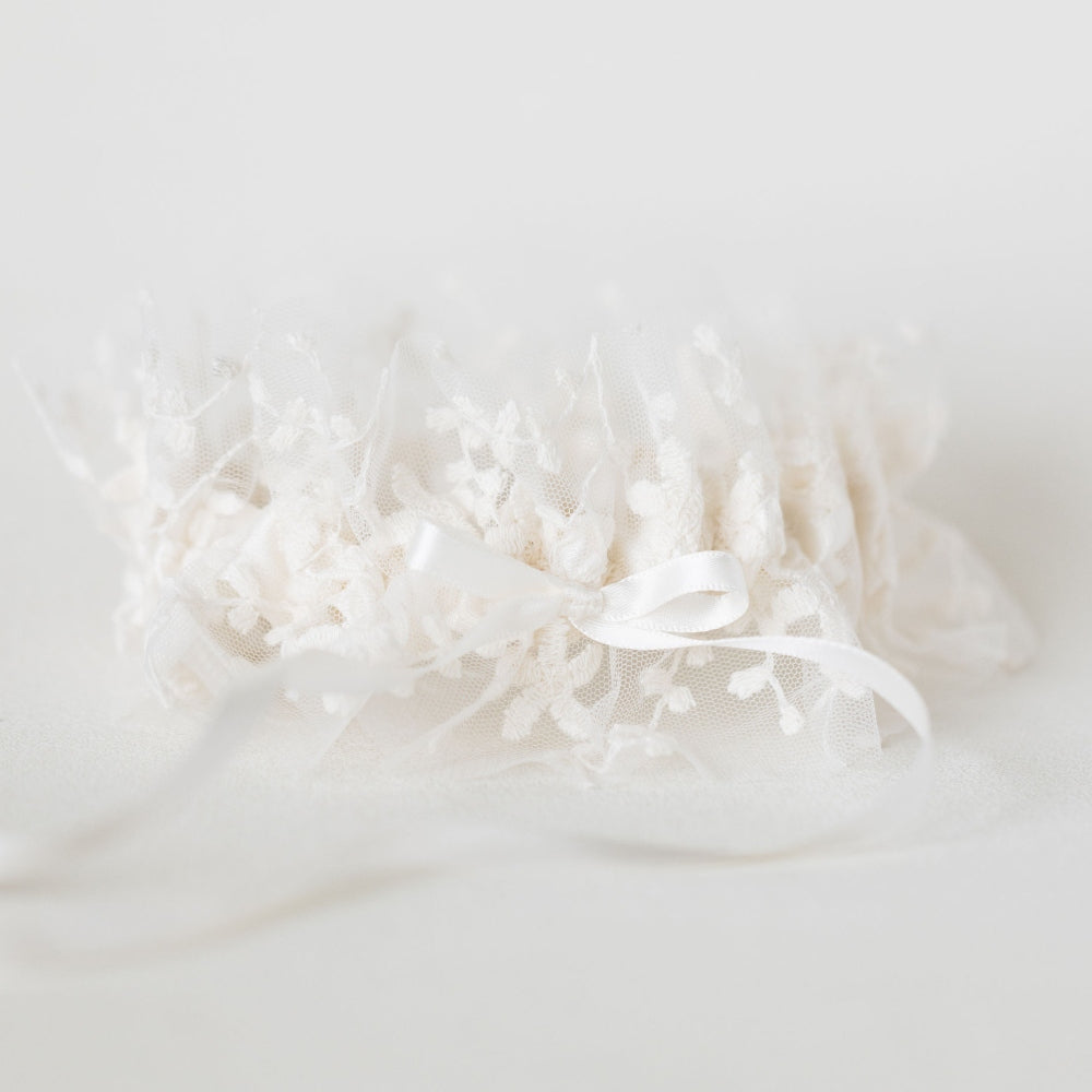 Wedding garter w floral tulle and satin handmade by The Garter Girl