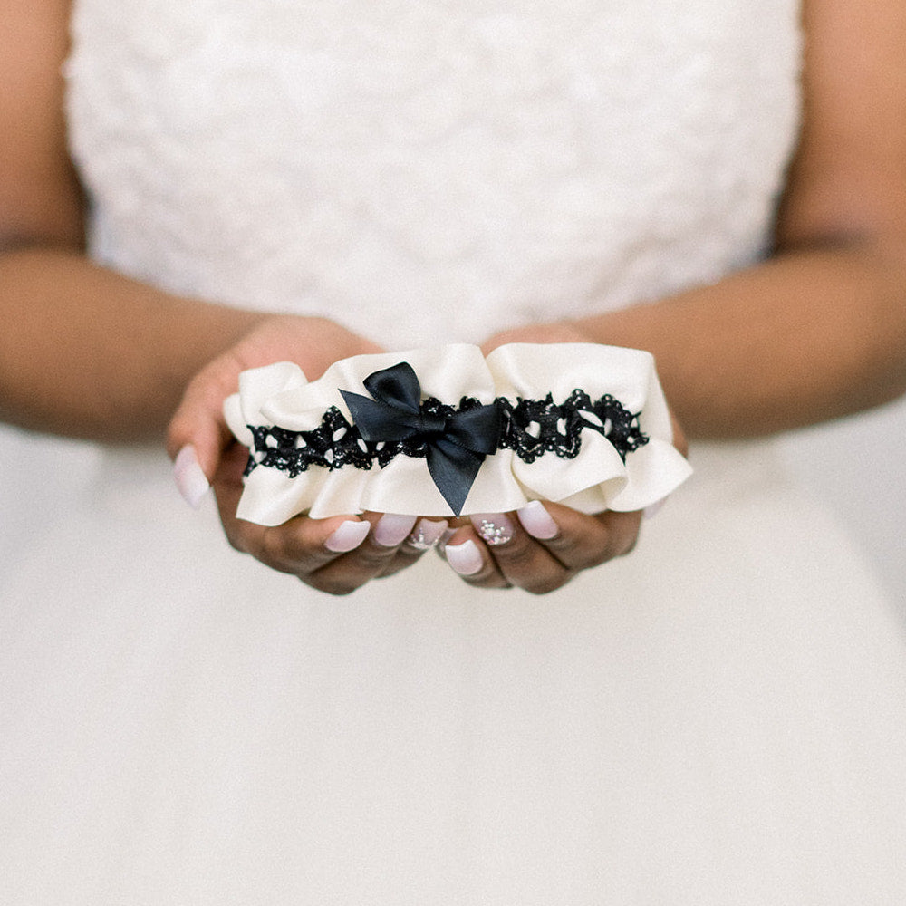 Ready-to-Ship - Black Lace & Ivory Satin Wedding Garter