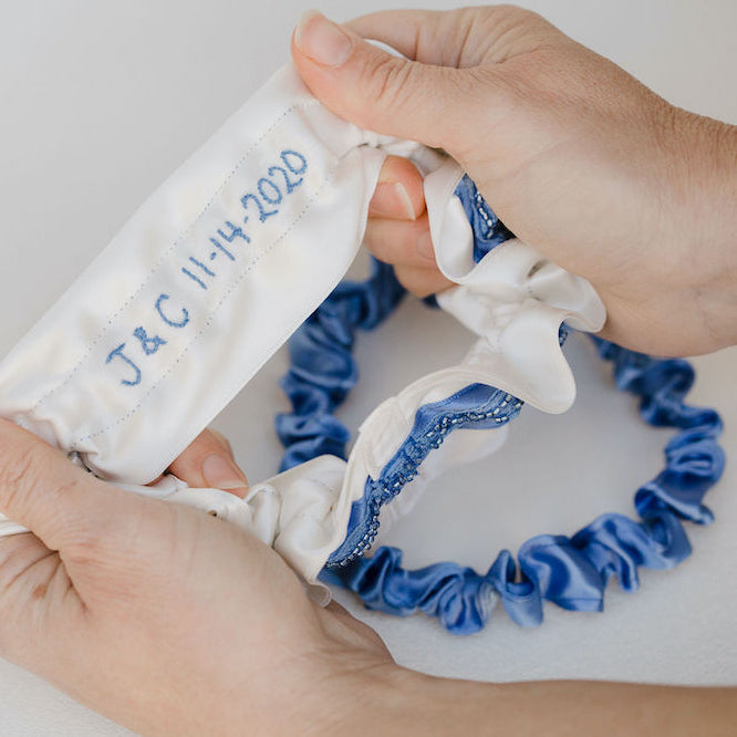 personalized hand embroidered wedding heirloom garter, handkerchief handmade by The Garter Girl