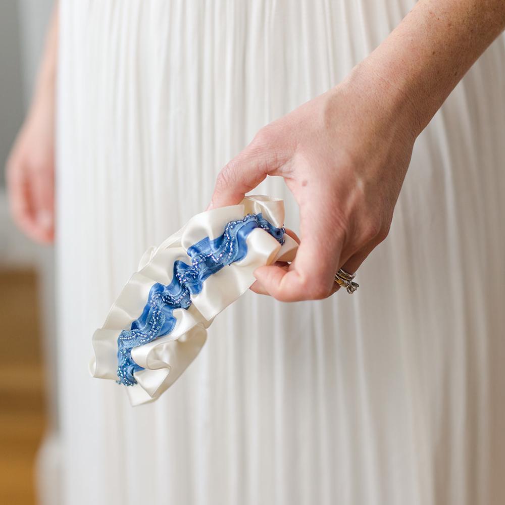 luxury beaded blue wedding garter handmade by The Garter Girl