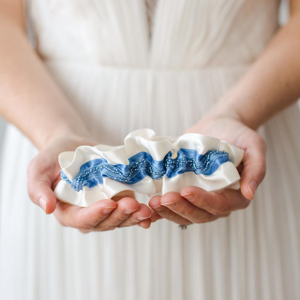 luxury beaded blue wedding garter handmade by The Garter Girl