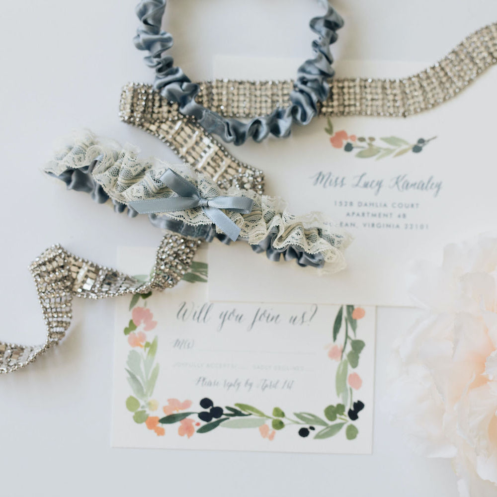 Posh Dusty Blue Satin & Ivory Lace Wedding Garter by The Garter Girl