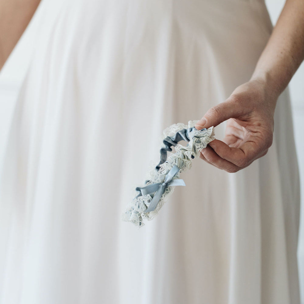 Personalized Bride Garter – Lace & Pearl Wedding Garter With Bow, Custom Name & Date, Something Blue (White)