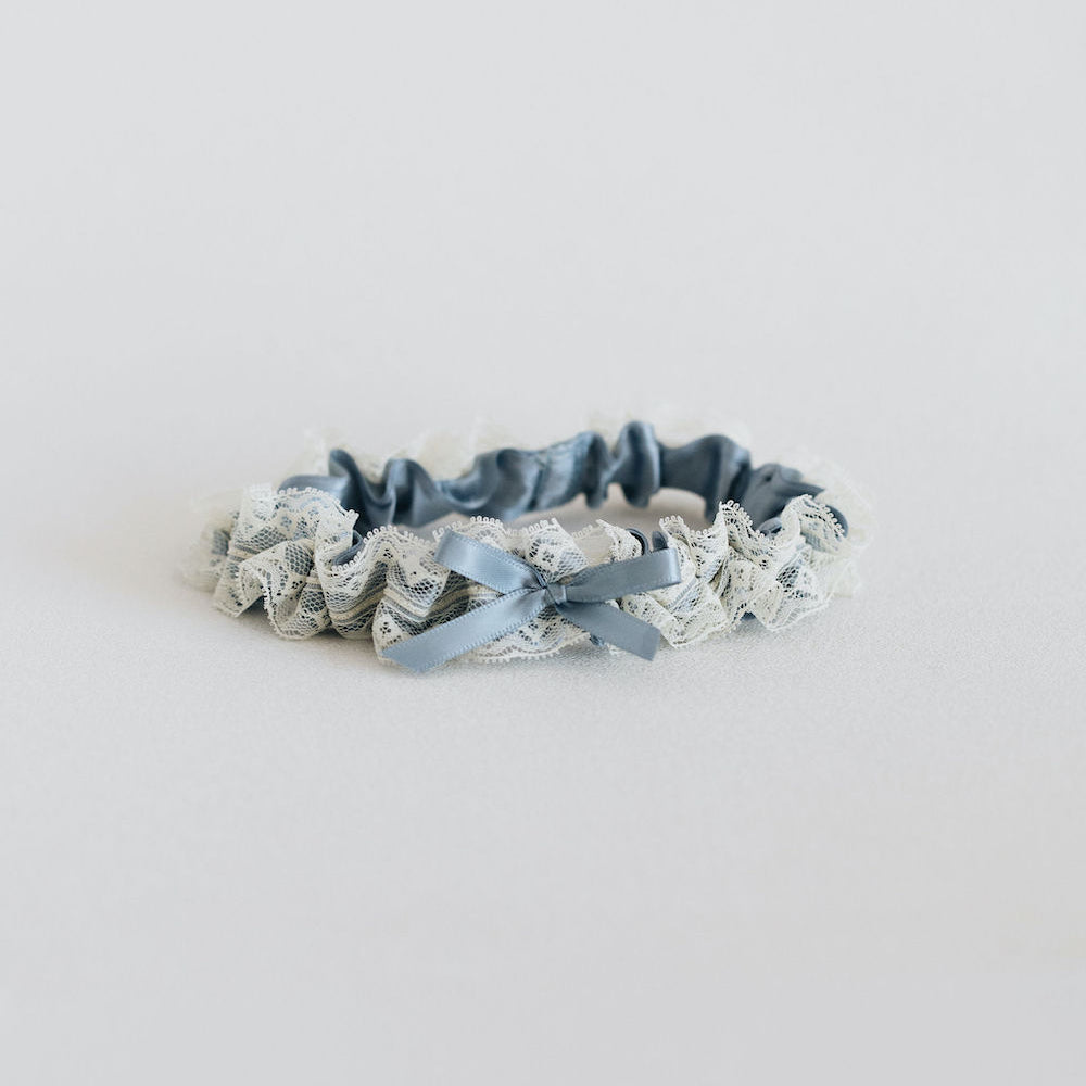 Posh Dusty Blue Satin & Ivory Lace Wedding Garter by The Garter Girl