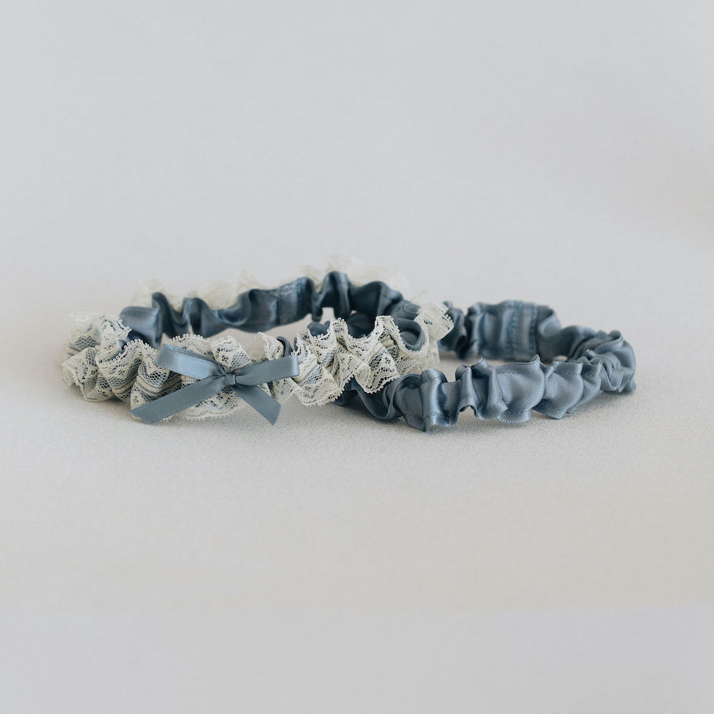 Posh Dusty Blue Satin & Ivory Lace Wedding Garter by The Garter Girl