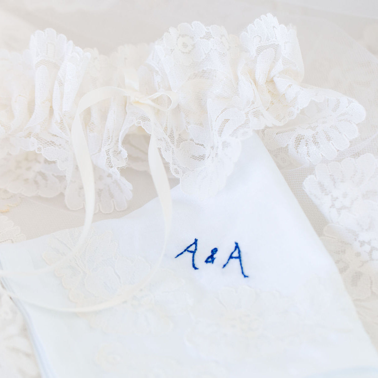 personalized hand embroidered wedding heirloom garter, handkerchief handmade by The Garter Girl