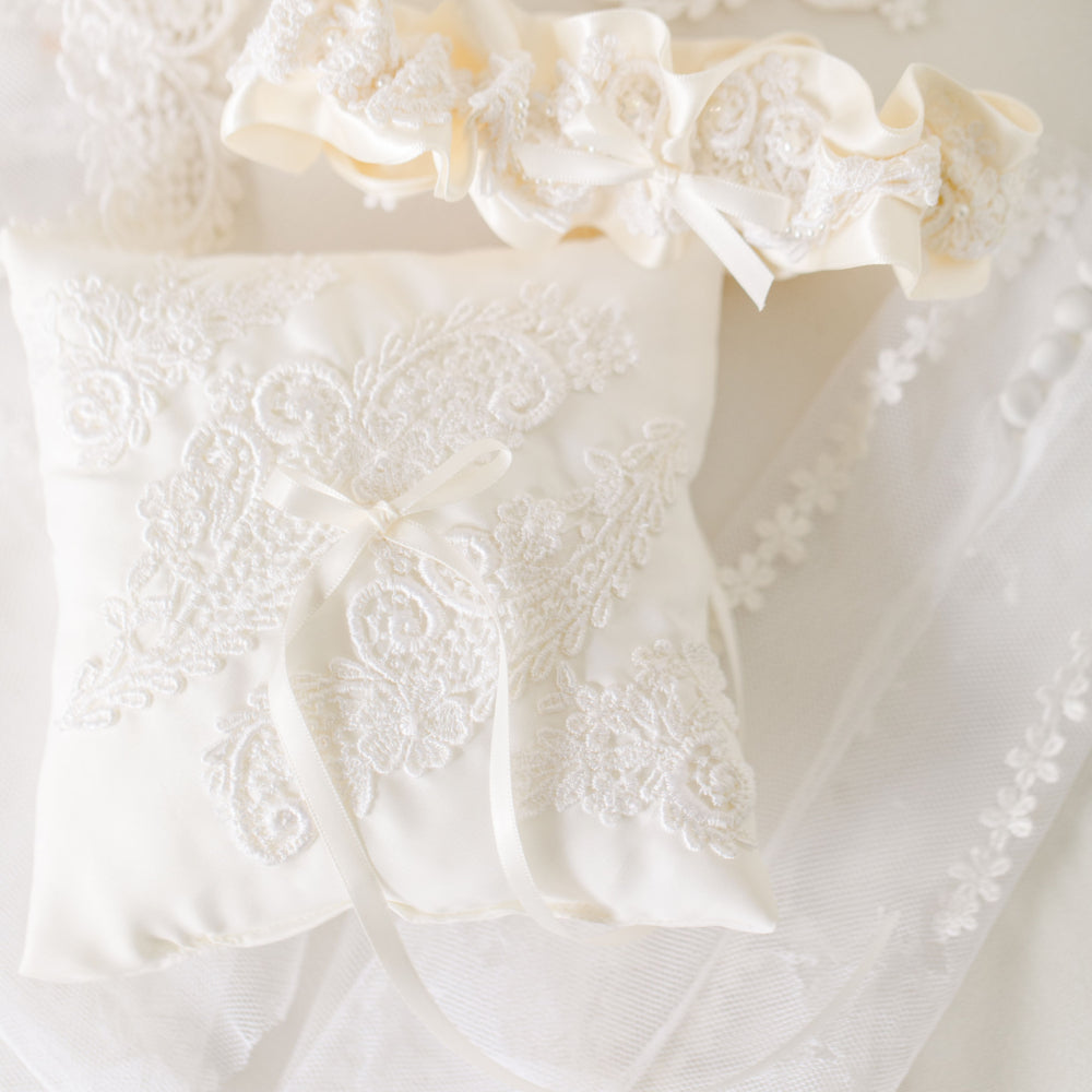 custom wedding ring bearer pillow handmade from bride's mother's wedding dress by The Garter Girl