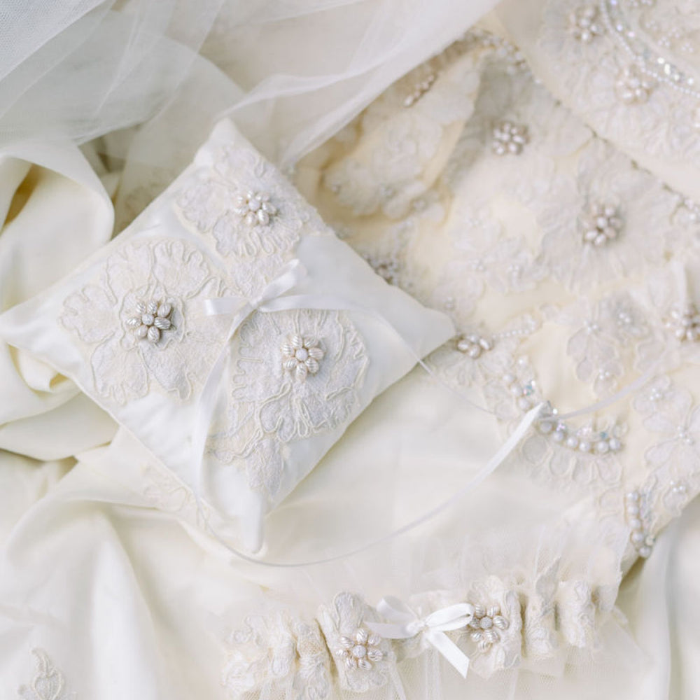 custom wedding ring bearer pillow handmade from bride's mother's wedding dress by The Garter Girl