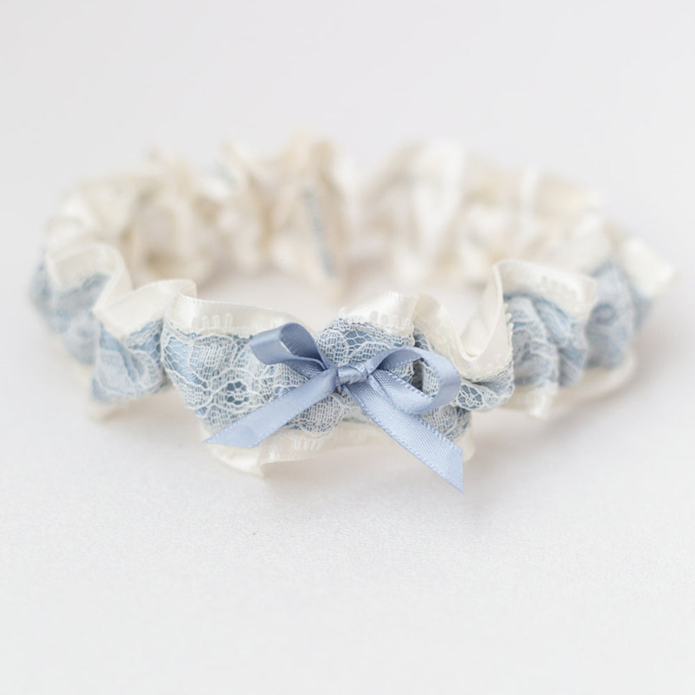 dusty blue and ivory lace wedding garter heirloom handmade by The Garter Girl