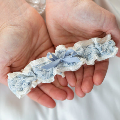 dusty blue and ivory lace wedding garter heirloom handmade by The Garter Girl