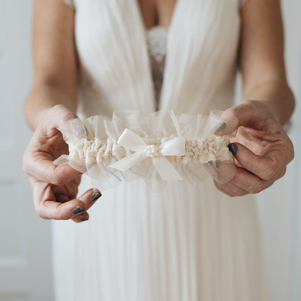 Most Luxurious Gift For Bride | Pearl & Lace Wedding Garter Large (24 - 28 inches) / Add Tossing Garter ($38) / Do Not Add Embroidery Most Luxurious Gift For Bride | Pearl & Lace Wedding Garter Large (24 - 28 inches) / Add Tossing Garter ($38) / Do Not Add Embroidery