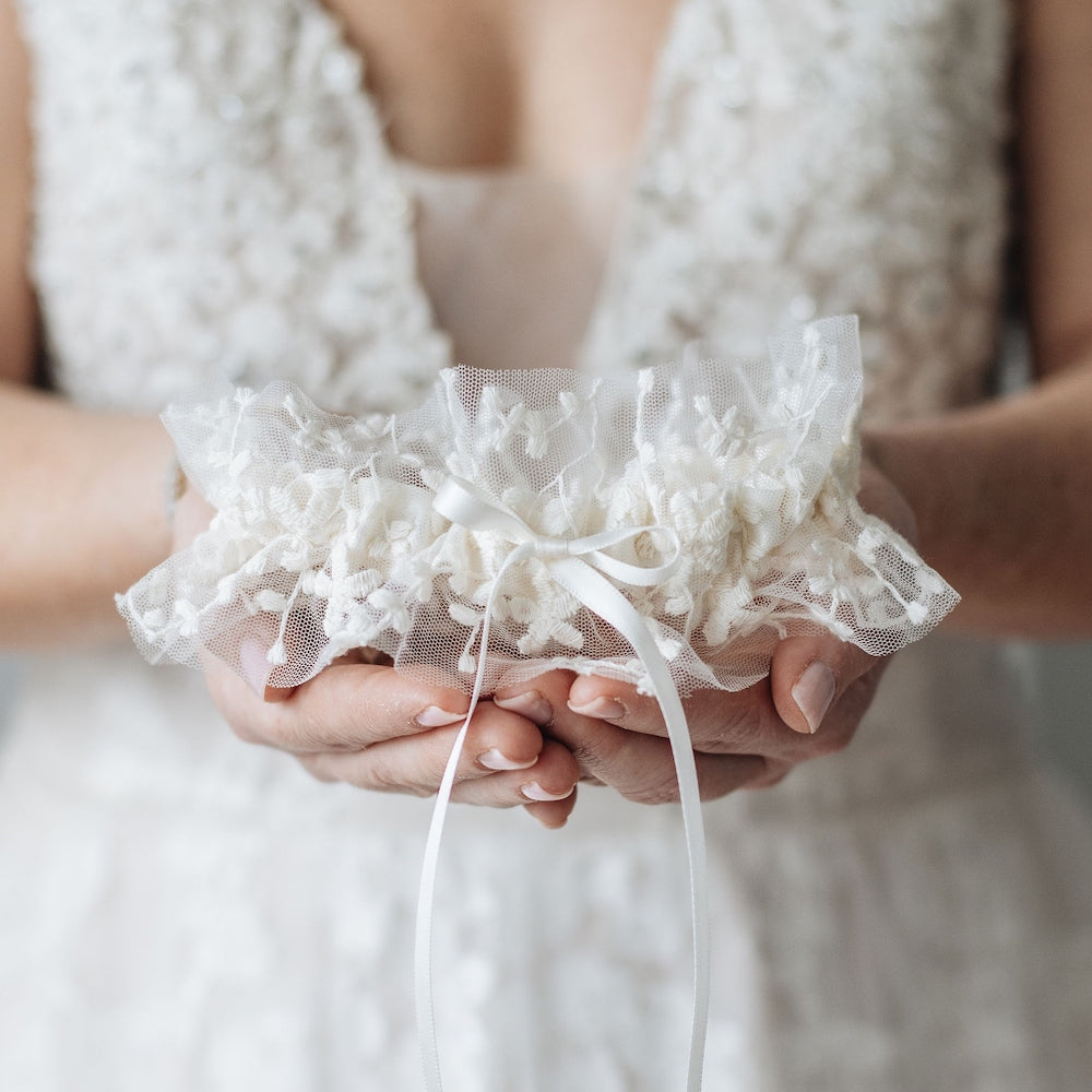 Wedding garter w floral tulle and satin handmade by The Garter Girl