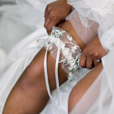 Shop our delicate floral embroidered tulle wedding garter handmade by luxury heirloom designer, The Garter Girl