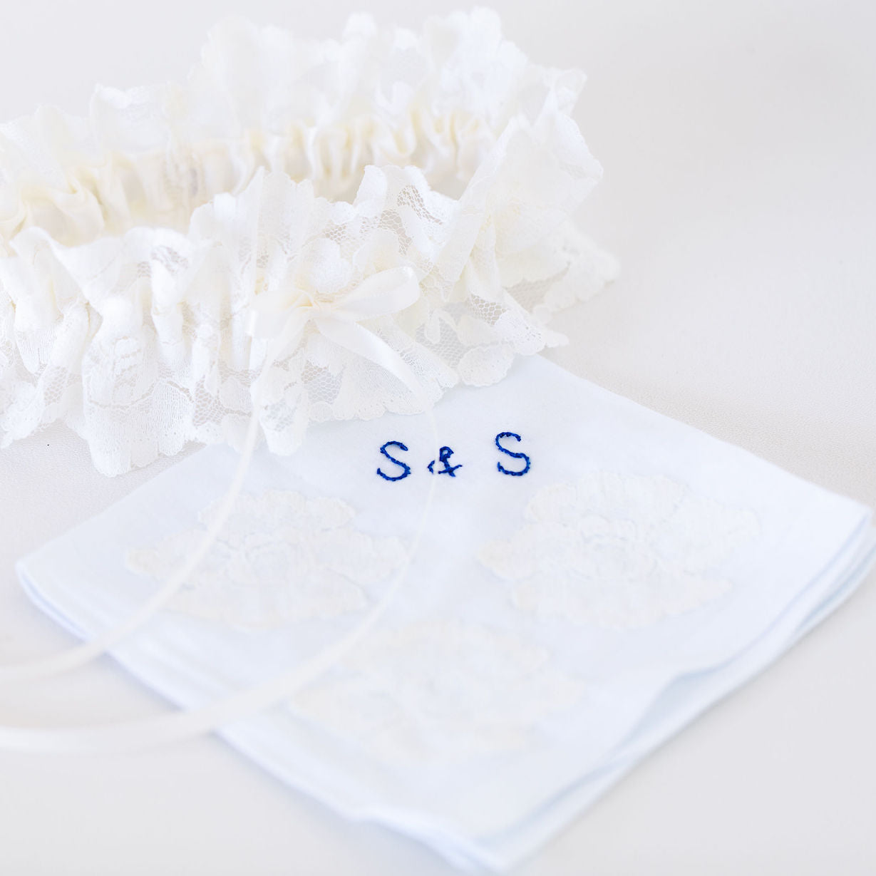 personalized hand embroidered wedding heirloom garter, handkerchief handmade by The Garter Girl