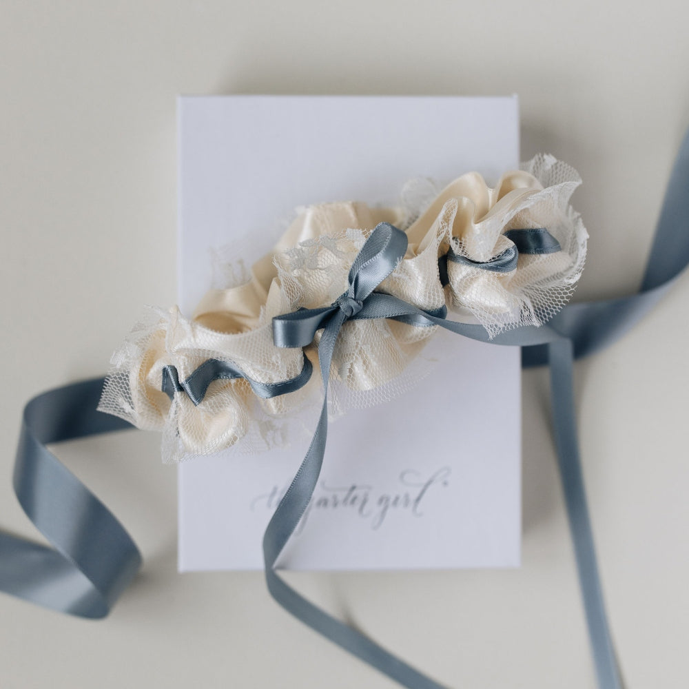 Wedding Garter with Blue Ribbon | The Garter Girl Large (24 - 28 Inches) / Ivory Lace & Satin with Dusty Blue Bow / Do Not Add Tossing Garter