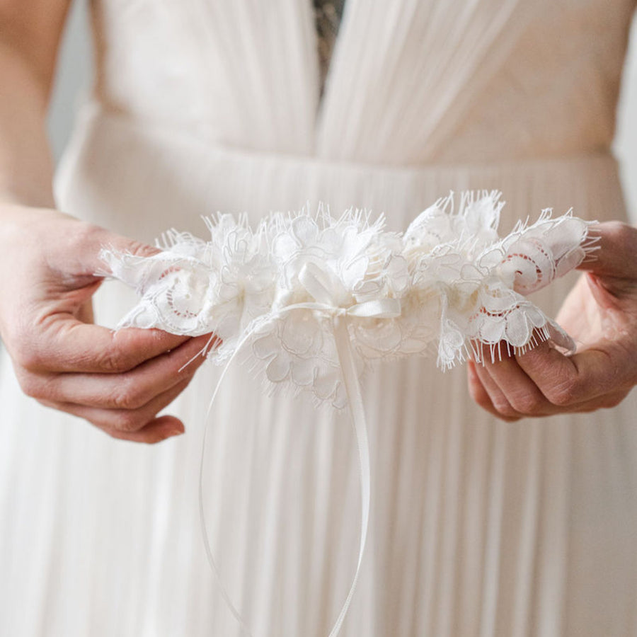 designer wedding garter, bridal accessory with ivory eyelash scallop lace, keepsake heirloom handmade by The Garter Girl